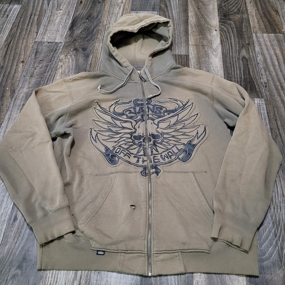 Vans Hoodie Mens XL Faded Green Full Zip Sweatshirt Distressed/Holes